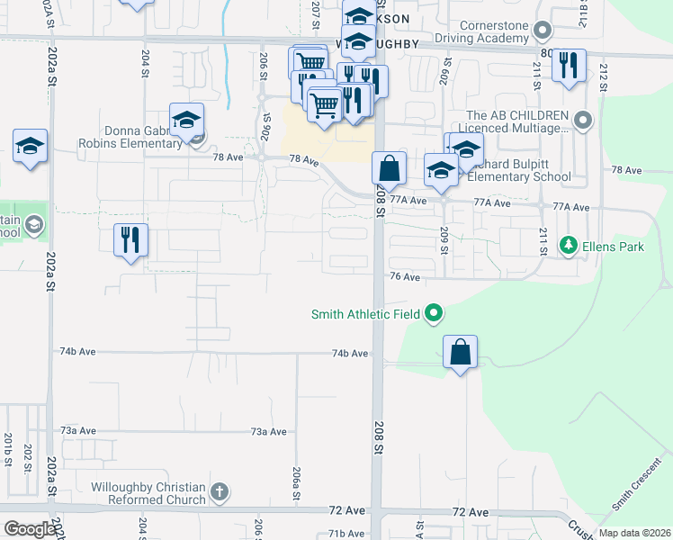 map of restaurants, bars, coffee shops, grocery stores, and more near 20763 76 Avenue in Langley Township