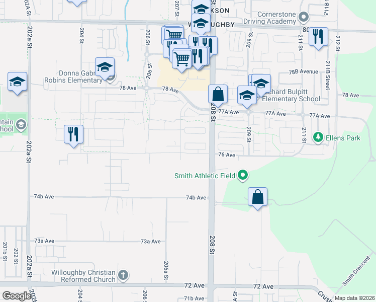 map of restaurants, bars, coffee shops, grocery stores, and more near 20763 76 Avenue in Langley Township