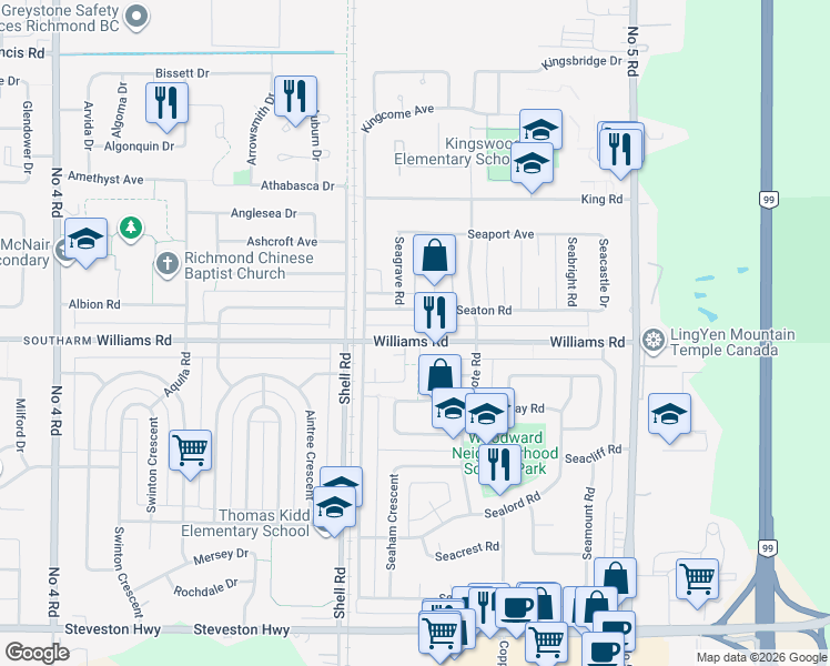 map of restaurants, bars, coffee shops, grocery stores, and more near 11215 Williams Road in Richmond