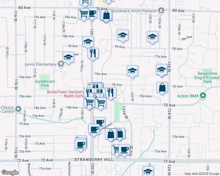 map of restaurants, bars, coffee shops, grocery stores, and more near 12088 76 Avenue in Surrey