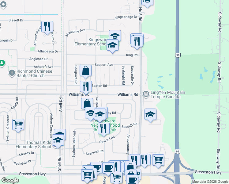 map of restaurants, bars, coffee shops, grocery stores, and more near 11571 Williams Road in Richmond