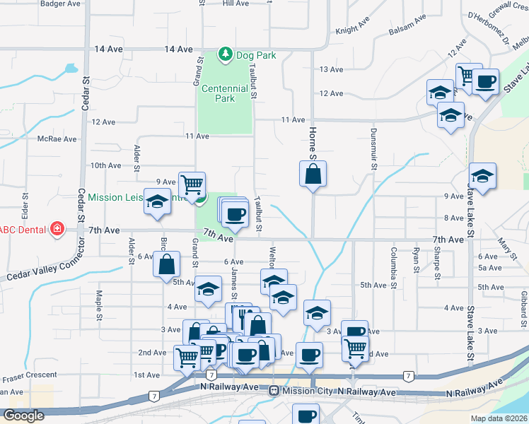 map of restaurants, bars, coffee shops, grocery stores, and more near 7650 Taulbut Street in Mission