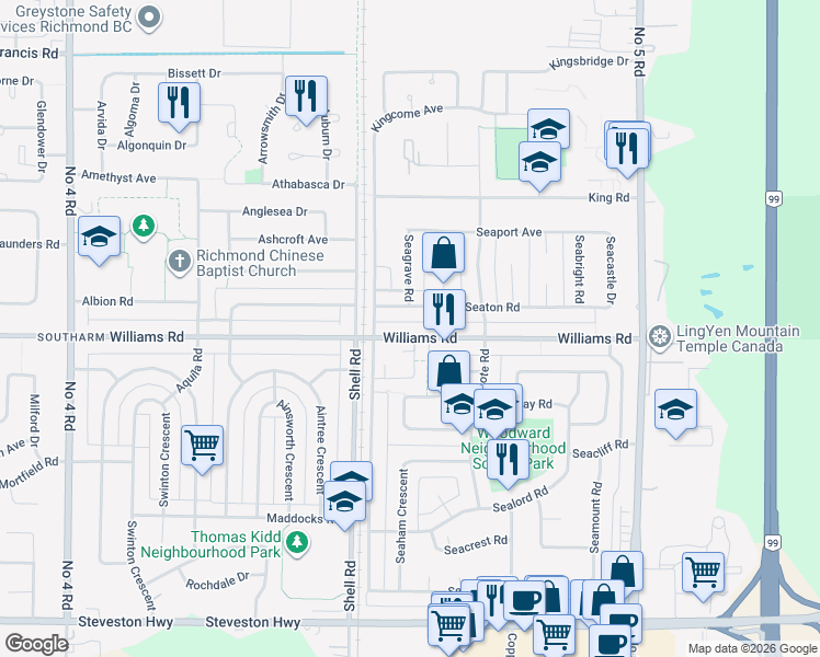 map of restaurants, bars, coffee shops, grocery stores, and more near 11173 Williams Road in Richmond