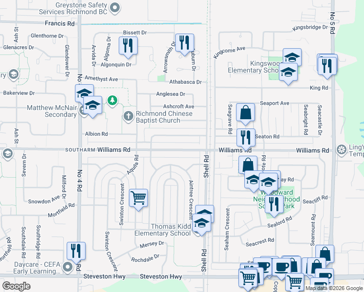 map of restaurants, bars, coffee shops, grocery stores, and more near 10611 Williams Road in Richmond