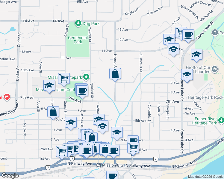 map of restaurants, bars, coffee shops, grocery stores, and more near 7649 Horne Street in Mission