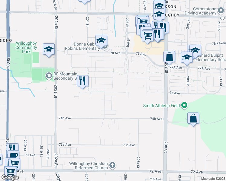 map of restaurants, bars, coffee shops, grocery stores, and more near 20545 76 Avenue in Langley Township