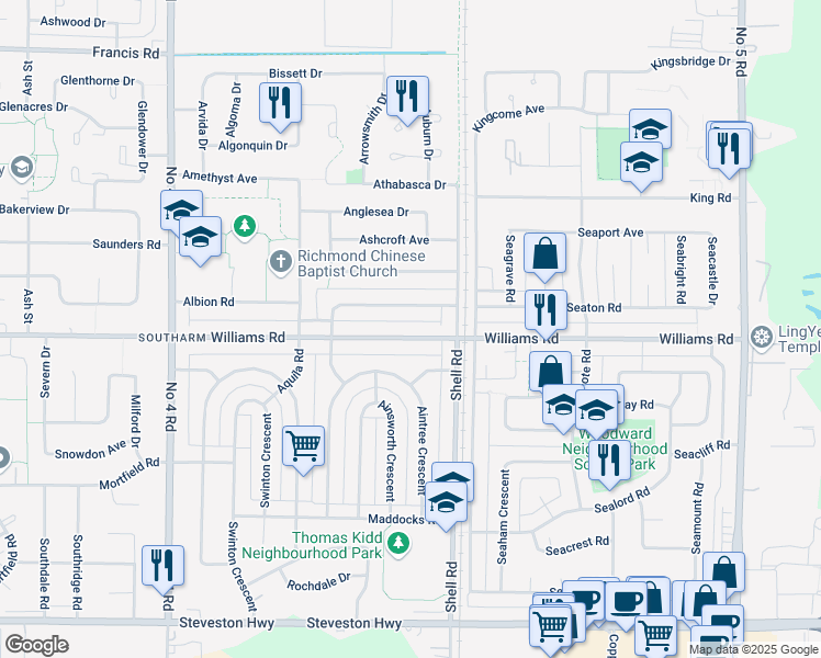 map of restaurants, bars, coffee shops, grocery stores, and more near 10631 Williams Road in Richmond