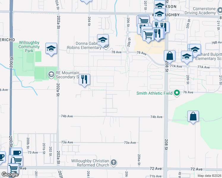 map of restaurants, bars, coffee shops, grocery stores, and more near 20521 76 Avenue in Langley Township