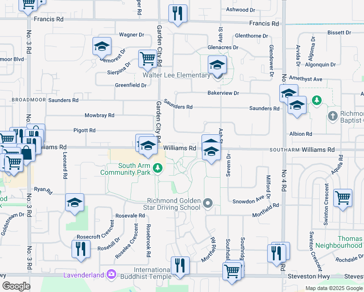 map of restaurants, bars, coffee shops, grocery stores, and more near 9131 Williams Road in Richmond