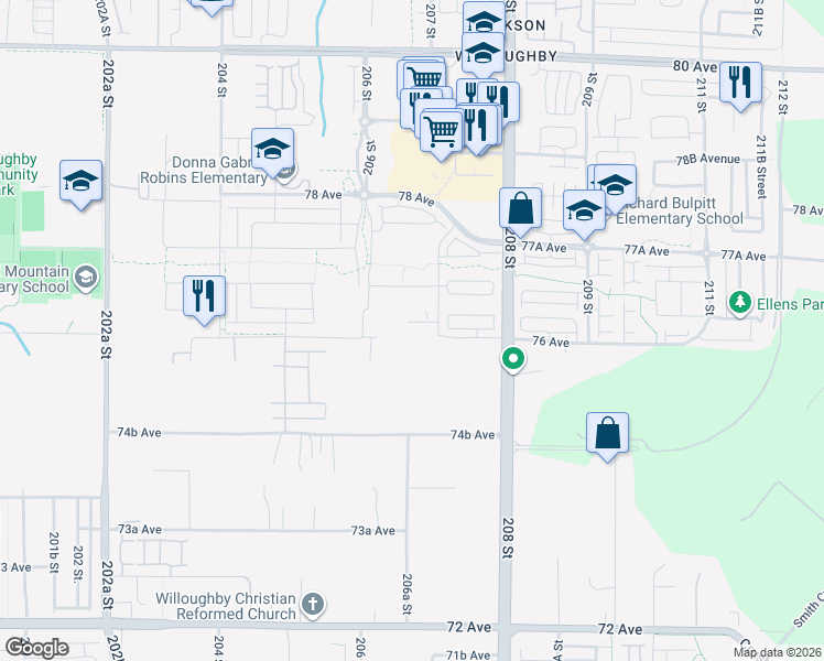 map of restaurants, bars, coffee shops, grocery stores, and more near 20665 76 Avenue in Langley Township