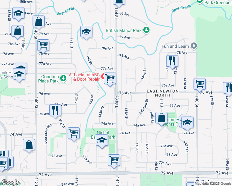 map of restaurants, bars, coffee shops, grocery stores, and more near 76 Ave & 144 St in Surrey
