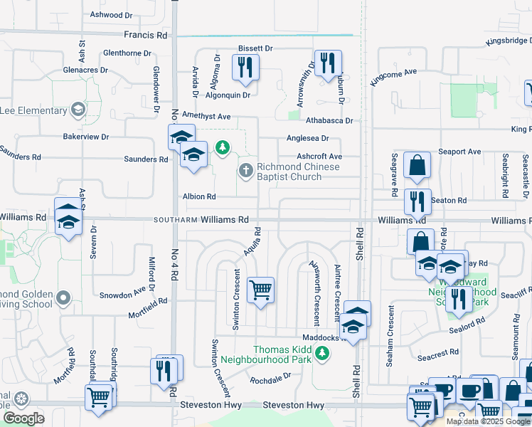 map of restaurants, bars, coffee shops, grocery stores, and more near 10391 Williams Road in Richmond