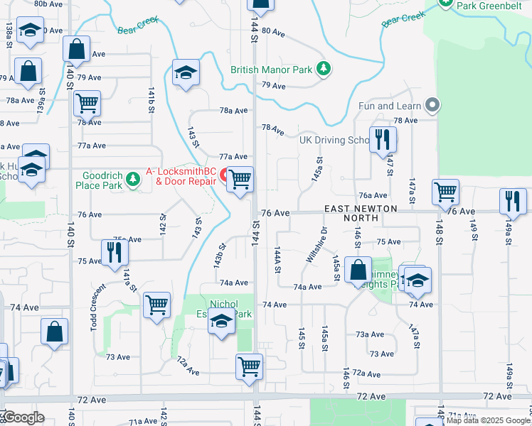 map of restaurants, bars, coffee shops, grocery stores, and more near 76 Avenue in Surrey