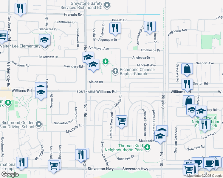 map of restaurants, bars, coffee shops, grocery stores, and more near 10275 Williams Road in Richmond