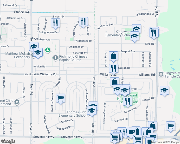 map of restaurants, bars, coffee shops, grocery stores, and more near 10700 Aragon Road in Richmond