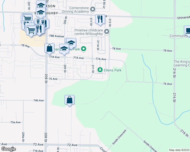 map of restaurants, bars, coffee shops, grocery stores, and more near 21 211A Street in Langley City