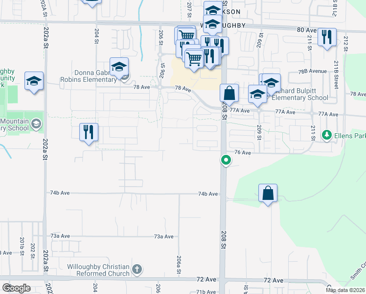 map of restaurants, bars, coffee shops, grocery stores, and more near 20669 76 Avenue in Langley Township