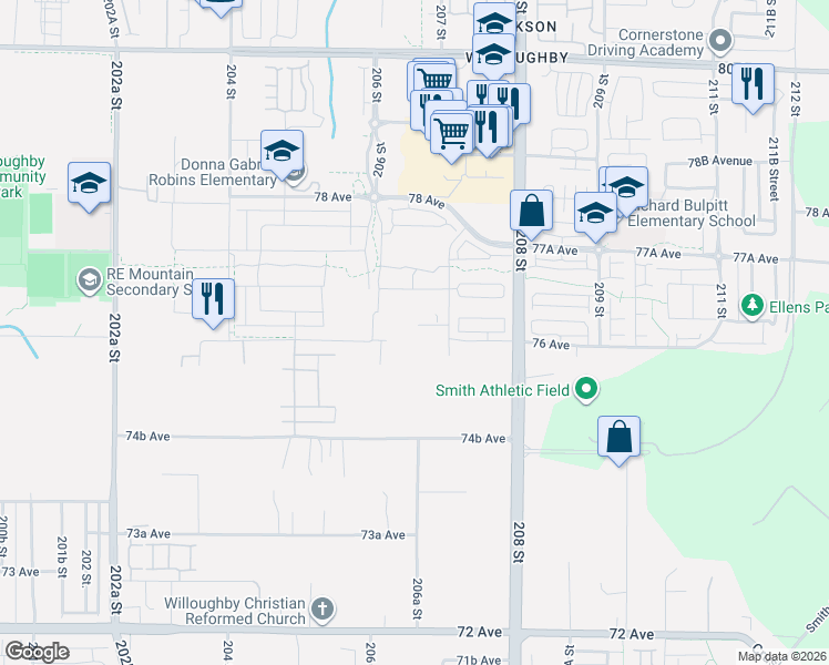 map of restaurants, bars, coffee shops, grocery stores, and more near 20657 76 Avenue in Langley Township