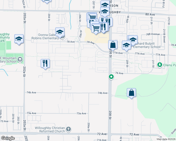 map of restaurants, bars, coffee shops, grocery stores, and more near 20657 76 Avenue in Langley Township