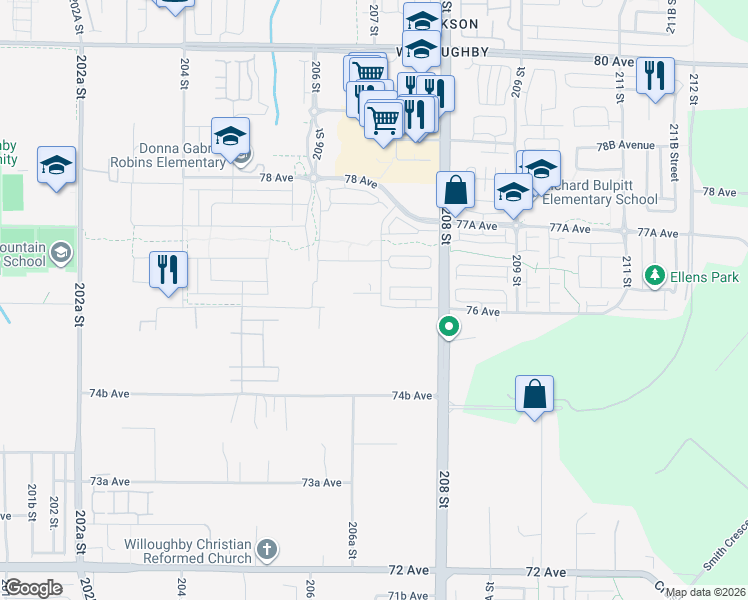 map of restaurants, bars, coffee shops, grocery stores, and more near 20685 76 Avenue in Langley Township