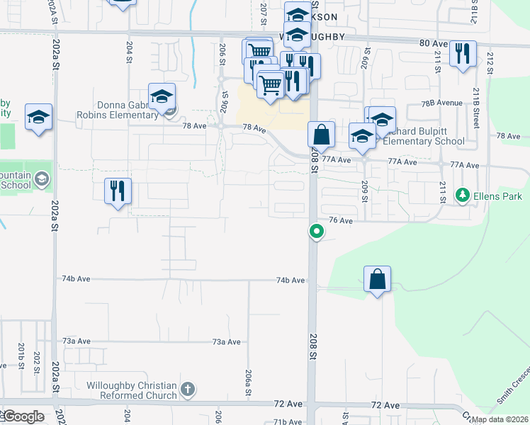 map of restaurants, bars, coffee shops, grocery stores, and more near 20687 76 Avenue in Langley Township