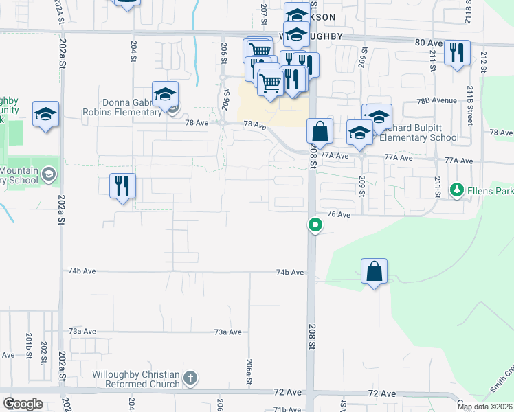 map of restaurants, bars, coffee shops, grocery stores, and more near 20677 76 Avenue in Langley Township
