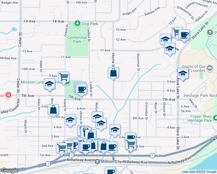 map of restaurants, bars, coffee shops, grocery stores, and more near 7649 Horne Street in Mission