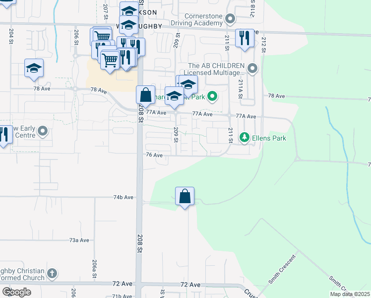 map of restaurants, bars, coffee shops, grocery stores, and more near 7686 209 Street in Langley Township
