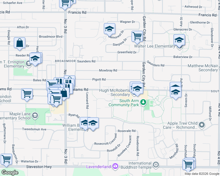 map of restaurants, bars, coffee shops, grocery stores, and more near 8477 Williams Road in Richmond