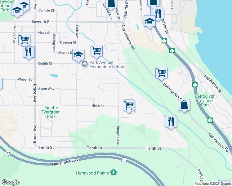 map of restaurants, bars, coffee shops, grocery stores, and more near 971 Douglas Avenue in Nanaimo