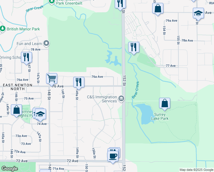 map of restaurants, bars, coffee shops, grocery stores, and more near 7672 151 Street in Surrey