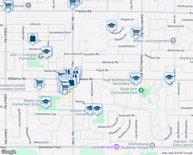 map of restaurants, bars, coffee shops, grocery stores, and more near 8291 Williams Road in Richmond