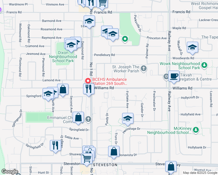 map of restaurants, bars, coffee shops, grocery stores, and more near 4117 Williams Road in Richmond
