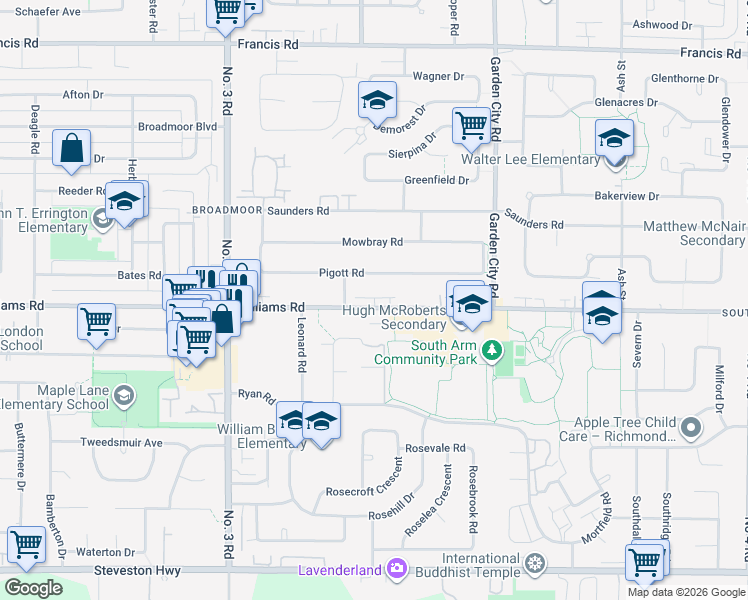 map of restaurants, bars, coffee shops, grocery stores, and more near 8477 Williams Road in Richmond