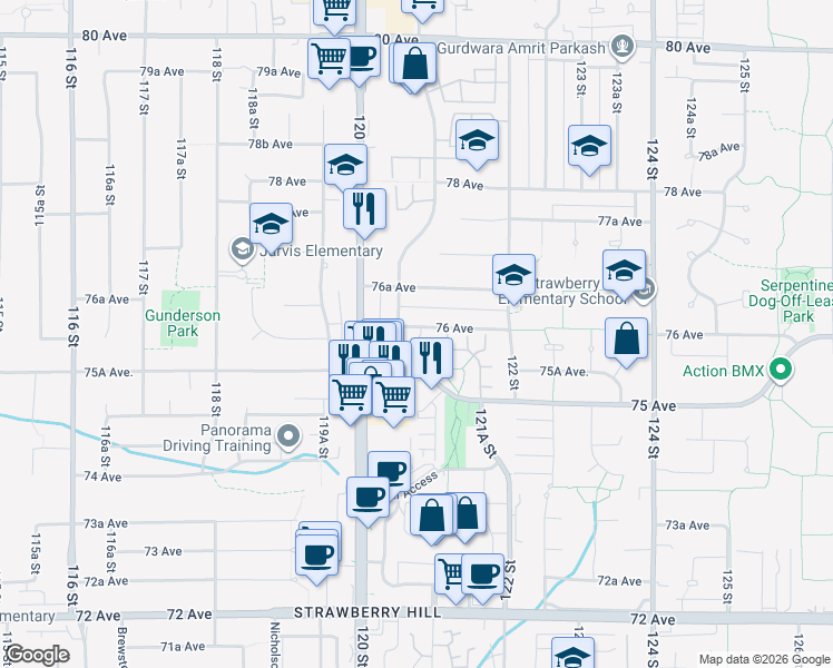 map of restaurants, bars, coffee shops, grocery stores, and more near 12070 76 Avenue in Surrey