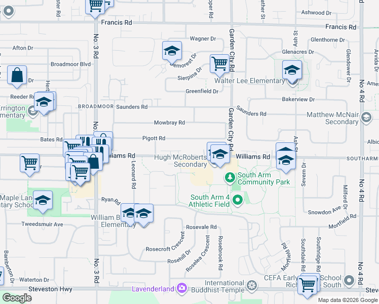 map of restaurants, bars, coffee shops, grocery stores, and more near 8591 Williams Road in Richmond