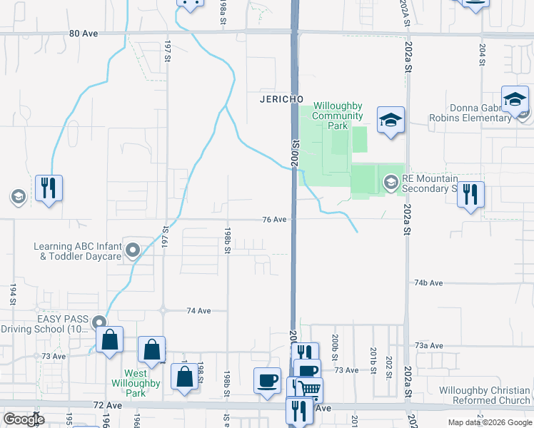 map of restaurants, bars, coffee shops, grocery stores, and more near 19953 76 Avenue in Langley Township