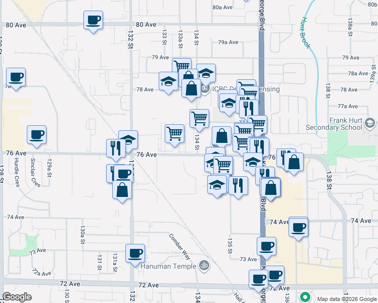 map of restaurants, bars, coffee shops, grocery stores, and more near 13375 76 Avenue in Surrey