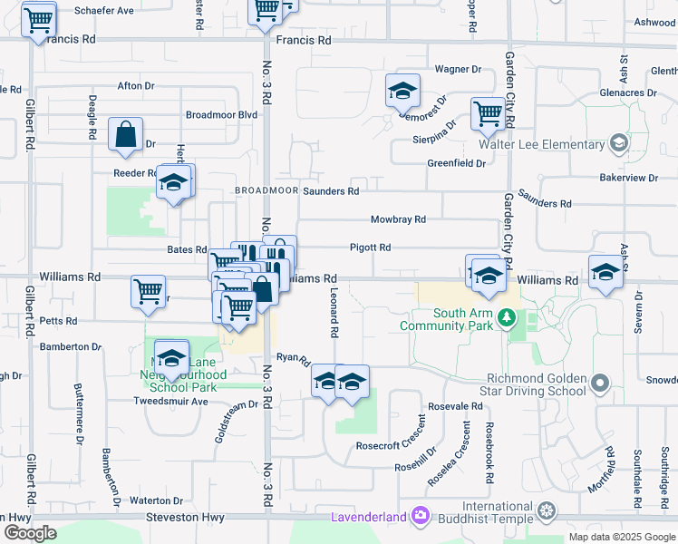 map of restaurants, bars, coffee shops, grocery stores, and more near 8233 Williams Road in Richmond
