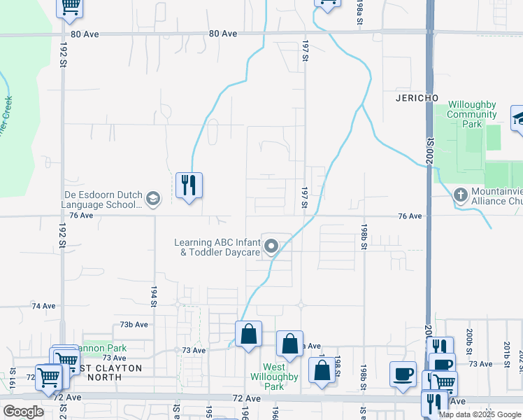 map of restaurants, bars, coffee shops, grocery stores, and more near 19629 76 Avenue in Langley Township
