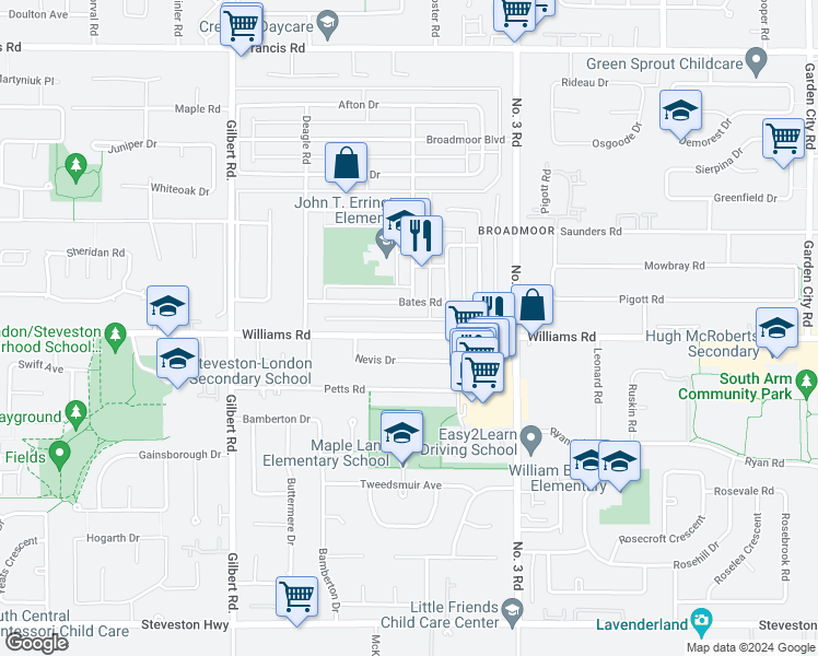 map of restaurants, bars, coffee shops, grocery stores, and more near 7515 Williams Road in Richmond