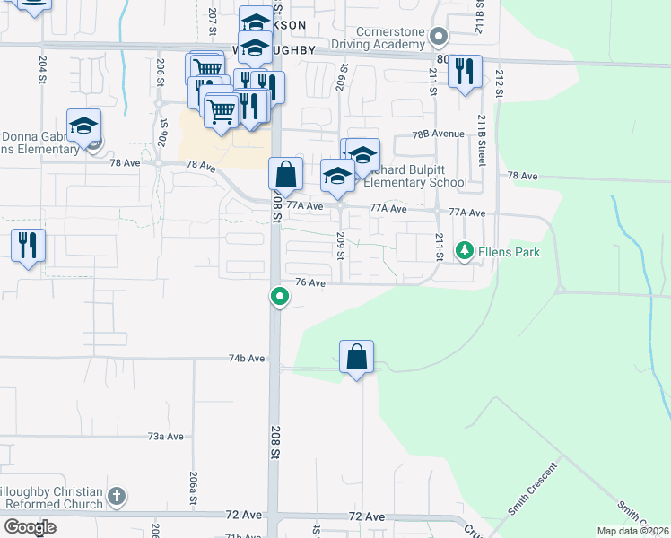 map of restaurants, bars, coffee shops, grocery stores, and more near 20860 76 Avenue in Langley Township