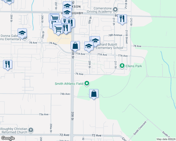 map of restaurants, bars, coffee shops, grocery stores, and more near 20860 76 Avenue in Langley Township