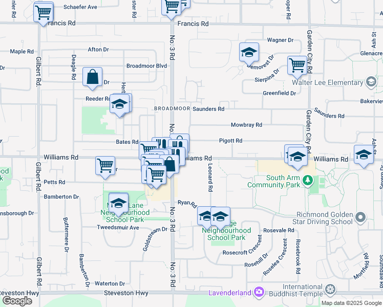 map of restaurants, bars, coffee shops, grocery stores, and more near 8091 Williams Road in Richmond