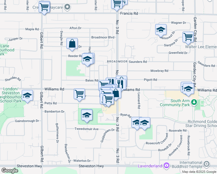 map of restaurants, bars, coffee shops, grocery stores, and more near 7711 Williams Road in Richmond