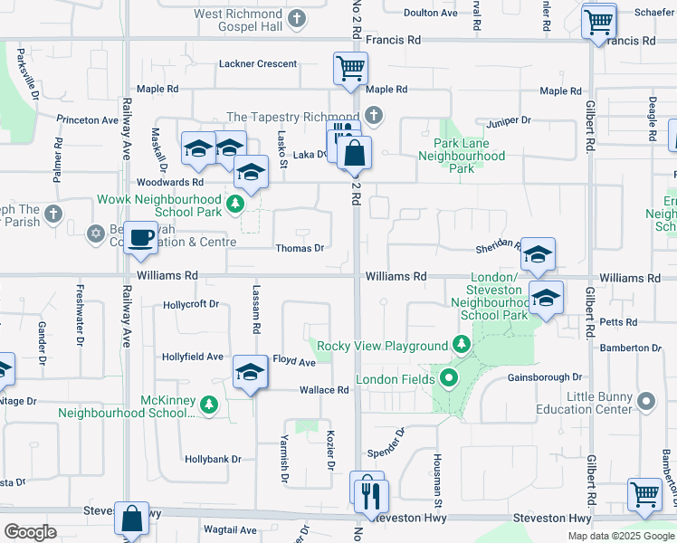 map of restaurants, bars, coffee shops, grocery stores, and more near 5931 Williams Road in Richmond