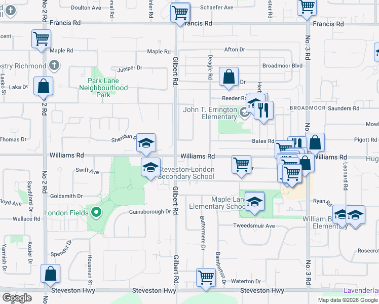 map of restaurants, bars, coffee shops, grocery stores, and more near 7071 Williams Road in Richmond