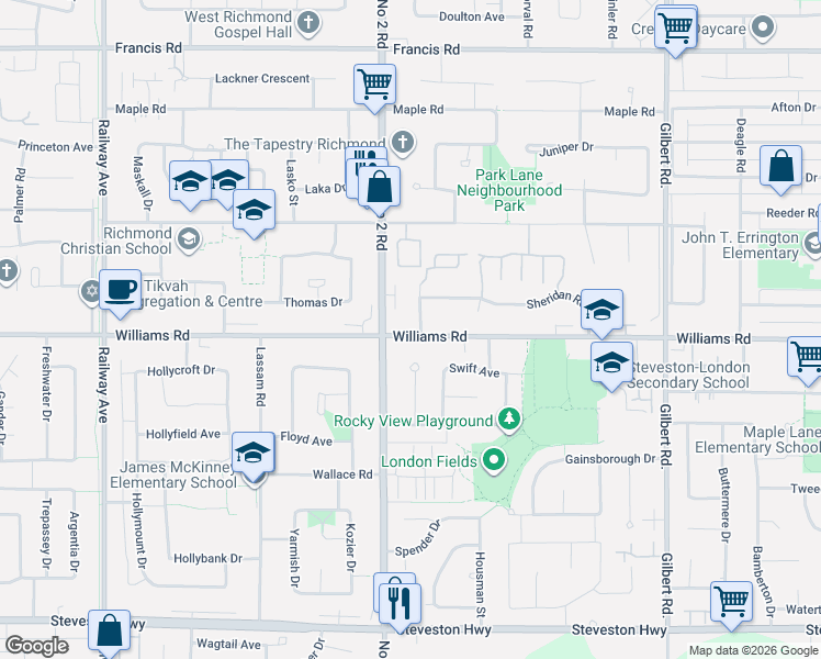 map of restaurants, bars, coffee shops, grocery stores, and more near 6033 Williams Road in Richmond