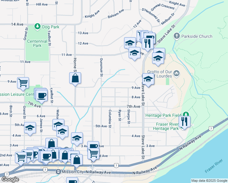map of restaurants, bars, coffee shops, grocery stores, and more near 33520 9 Avenue in Mission