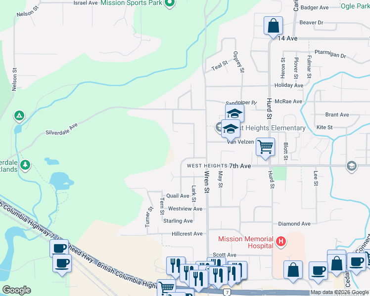 map of restaurants, bars, coffee shops, grocery stores, and more near 7681 Woodcock Crescent in Mission